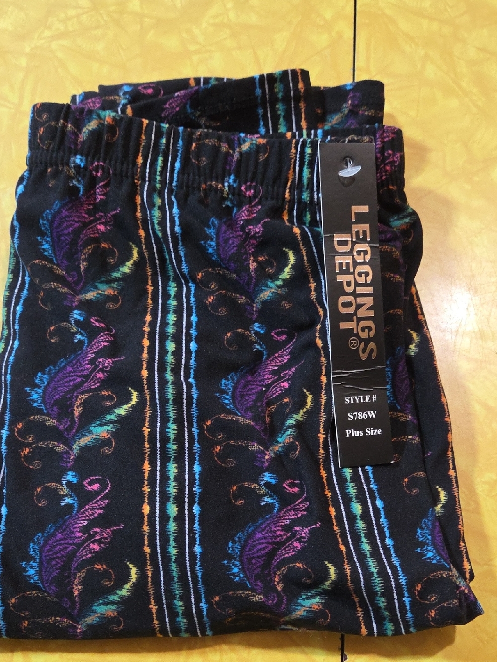 #15 Leggings Depot Black Leggings with Purple, Blue, Green & Orange Paisley